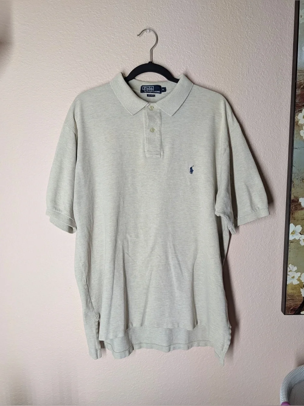 Polo Ralph Lauren Men’s XL Heather Cream Beige Cotton Pique Polo Navy Pony